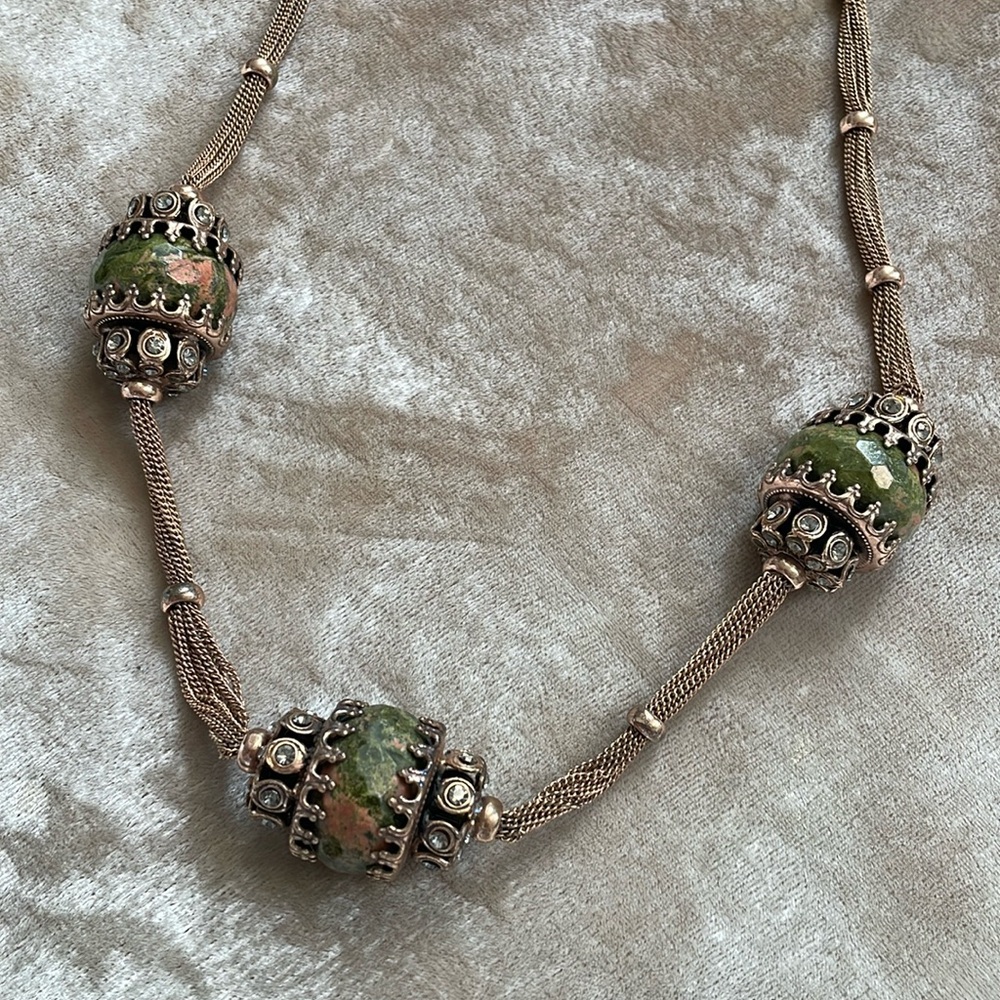 Vintage statement necklace with green stone and crystal